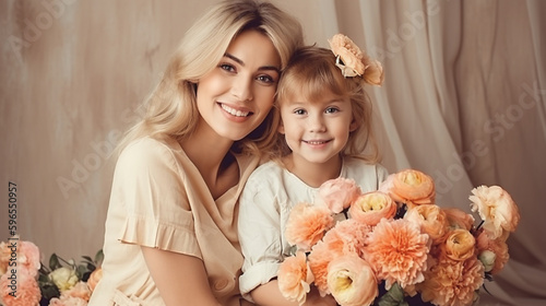 mother and daughter with flowers. Happy Mothers Day. Generative AI
