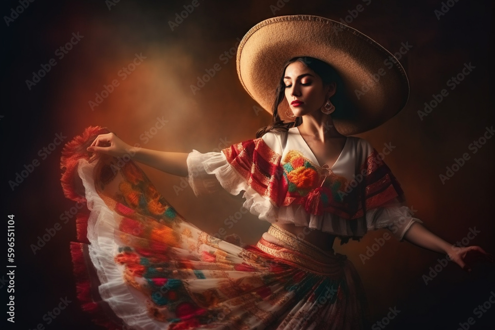 Fototapeta premium Fabulous Cinco de Mayo female dancer. Beautiful female model in traditional costume and sombrero dancing.Generative AI