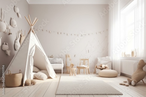 A blank kids room wall mockup for custom wallpaper design. Modern, simple and Scandinavian. Generative AI