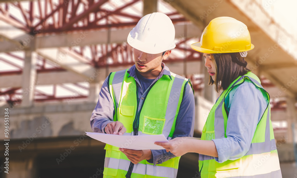 Professional team engineers holding blueprint project working outdoors building side with blueprints. engineering and architecture concept. Professional team engineers holding blueprint project working outdoors building side with blueprints. engineering and architecture concept.