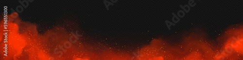 Red smoke cloud effect vector background. Realistic fire fog spark with light and powder illustration. Flying particles glow in hell smog texture overlay illustration. Inferno magic power steam wave