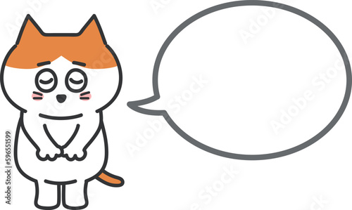 Orange tabby cat apologizing to somebody with a speech bubble, vector illustration.