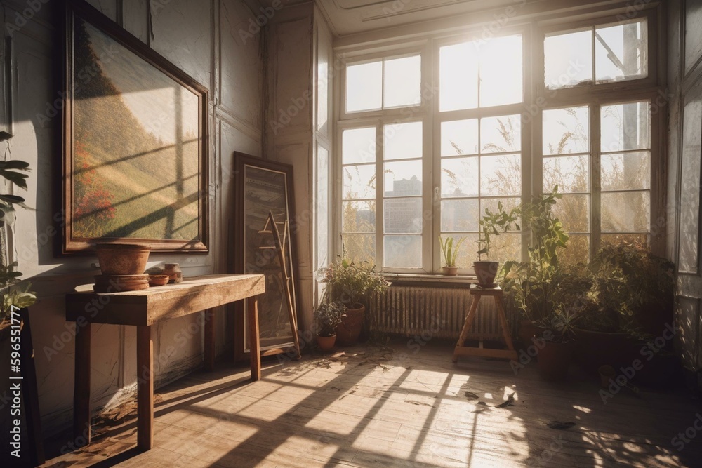 Mockup studio with wooden frame and sunlight through window. Generative AI