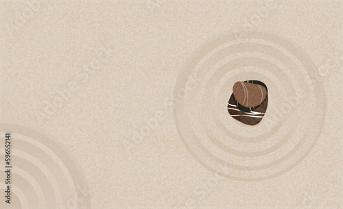 Stack Stones on Sand beach texture with simple spiritual pattern,Japanese Zen Garden with pebbles on concentric circles lines on sand background,Zen like concept Design for Name Card or Banner
