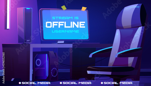Fototapeta Naklejka Na Ścianę i Meble -  Offline stream cartoon wallpaper banner design for gamer with computer, table and armchair. Futuristic esport layout with social media button. Presentation template for twitch streamline game.