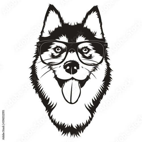 Cute husky dog breed, Husky with glasses vector, Black and white dog clipart isolated on white background