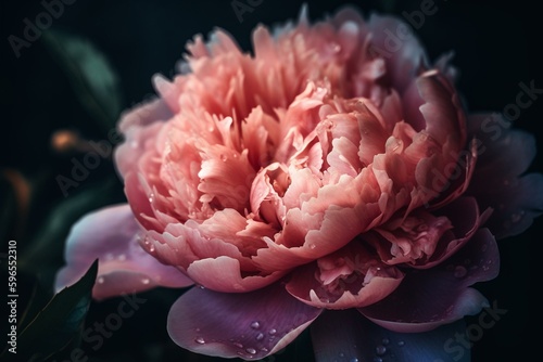A close-up of a pink peony with a background image. Generative AI