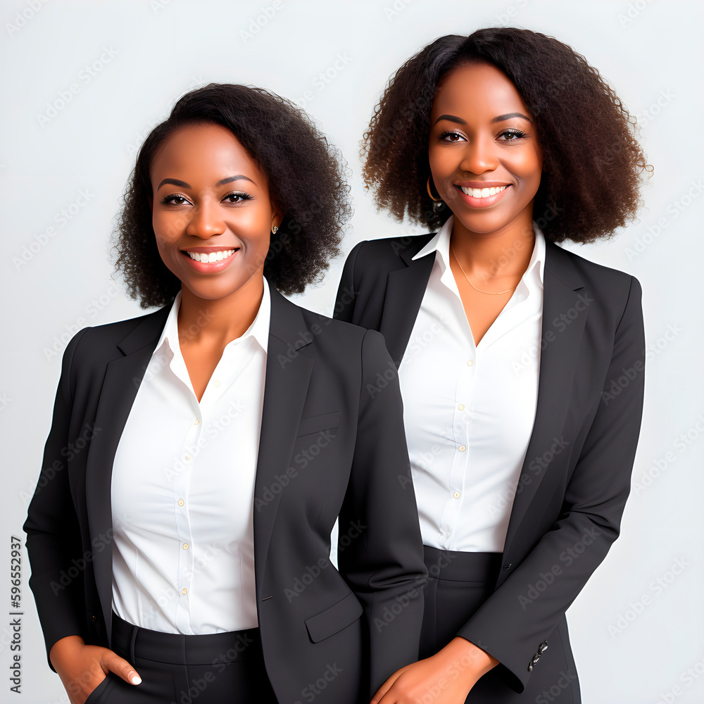 Two African-American sisters in business suits on a gray background. Generative AI