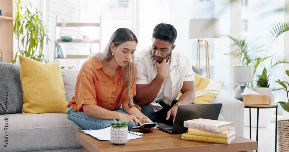 Couple, laptop and calculator for budget in home, financial planning and online banking of mortgage loan. Man, woman and review of bills, investment and savings of finance, taxes or insurance payment Couple, laptop and calculator for budget in home, financial planning and online banking of mortgage loan. Man, woman and review of bills, investment and savings of finance, taxes or insurance payment