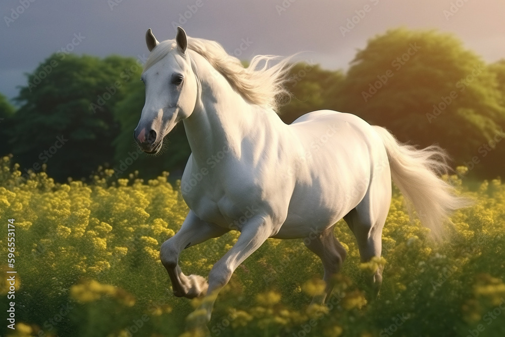 Gorgeous white horse with beautiful flowing mane. galloping at the field of flowers at sunset. Generative art