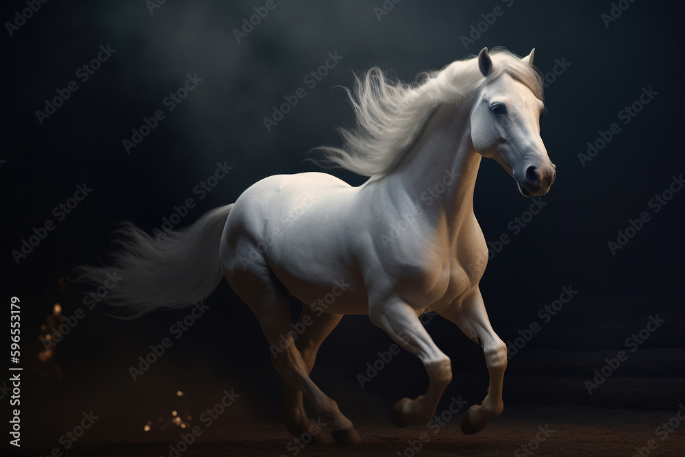 Gorgeous white horse with beautiful flowing mane. Running, dynamic pose.  Photorealistic portrait. generative art