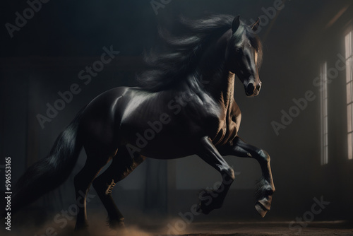 Gorgeous black horse with beautiful flowing mane photorealistic dynamic portrait. generative art
