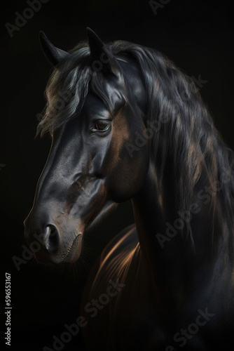 Gorgeous black horse photorealistic portrait. generative art © Cheport