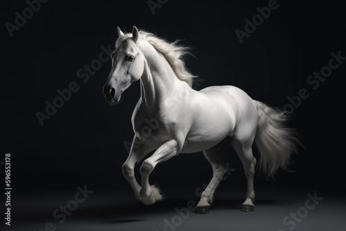 Gorgeous white horse with beautiful flowing mane. Running, dynamic pose.  Photorealistic portrait. generative art © Cheport