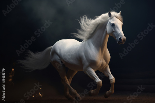 Gorgeous white horse with beautiful flowing mane. Running  dynamic pose.  Photorealistic portrait. generative art