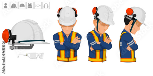 worker with helmet and earmuffs no use on white background