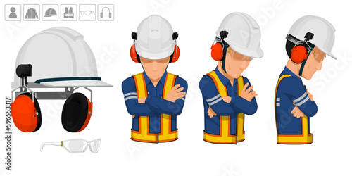 worker with helmet and earmuffs on white background