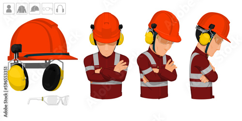 worker with helmet and earmuffs on white background