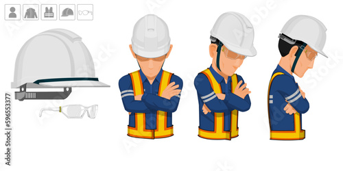 worker with helmet and glasses on white background