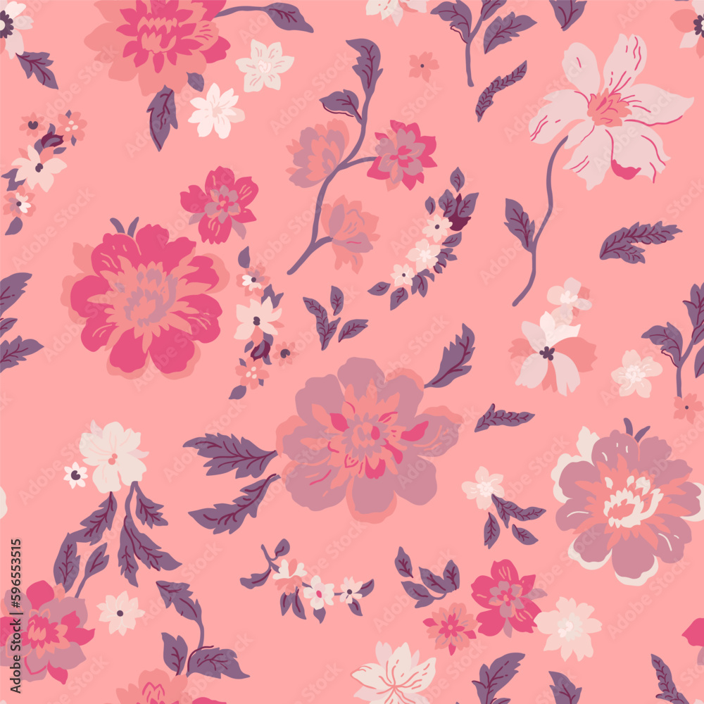 Seamless floral pattern with pink and pale pink roses on a pink background, handmade.