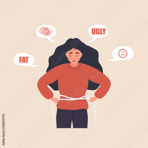 Eating disorder. Depressed woman measuring her waist with measuring tape. Mental problems. Food addiction. Bulimia or anorexia concept. Vector illustration in flat cartoon style.