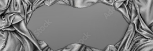 Luxury silver silk fabric texture banner top view scene. Realistic vector abstract soft satin cloth frame with crease for premium cosmetic product presentation. Drapery elegant material illustration.