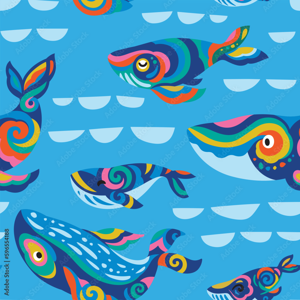 Cute seamless pattern with tribal whales Cute seamless pattern with tribal whales