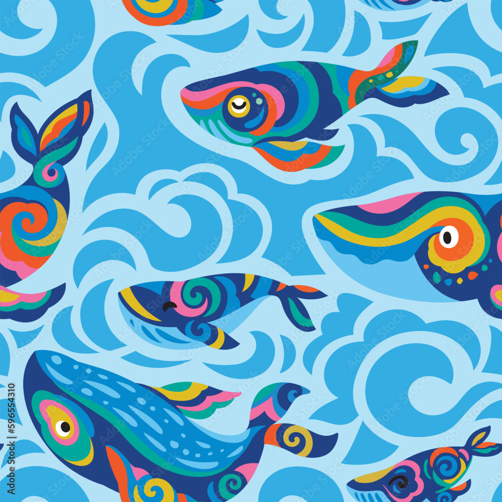 Cute seamless pattern with tribal whales and blue waves