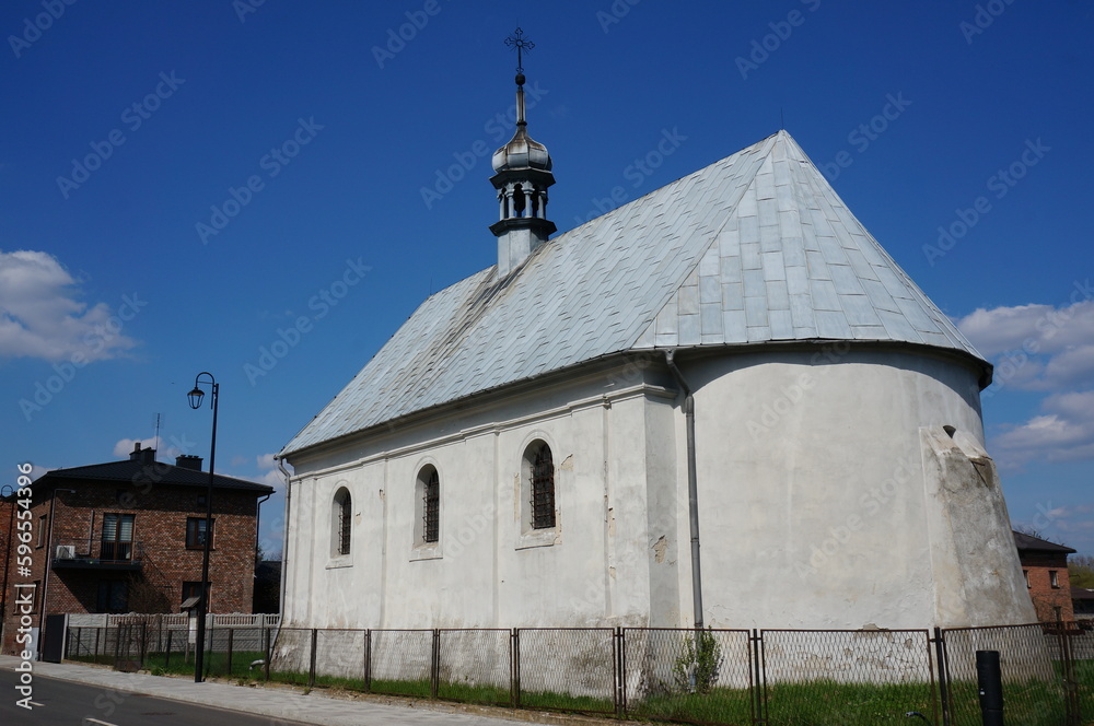 Church of Saints Barbara and Valentine (kosciol sw. Barbary i Walentego), one-nave temple was built in 1618. Siewierz, Poland.