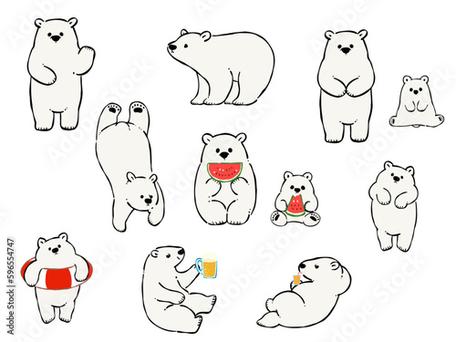 夏を満喫するシロクマのイラストセット