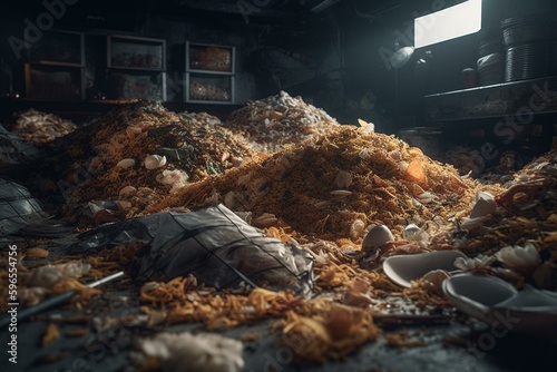 Piles of restaurant waste behind the establishment. Generative AI
