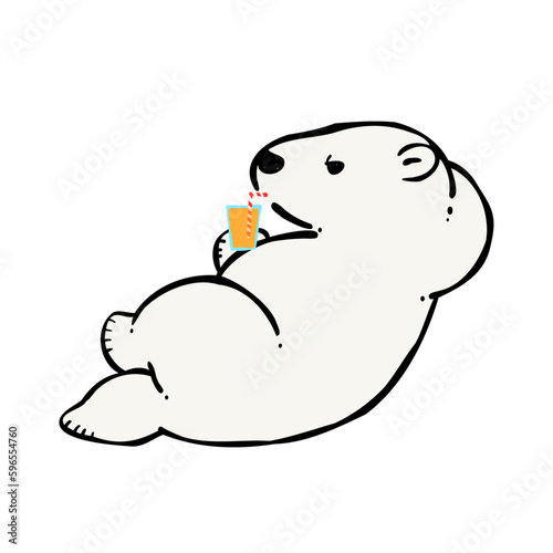 ジュースを飲んでくつろぐ白クマのイラスト