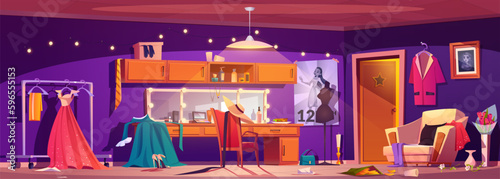 Cartoon actors dressing room interior. Vector illustration of messy theater backstage, mirrors illuminated with light bulbs, clothes and costumes on rack, accessories on table, movie posters on walls © klyaksun