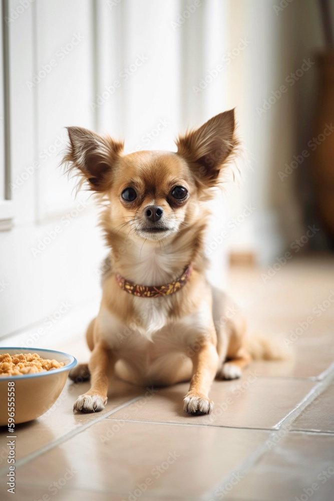 Dog food. Two funny Chihuahua dogs looking at the camera in home. Adorable pet. Waiting for the over. Dog food. Love for animals