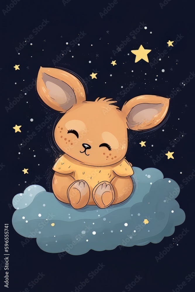 Kangaroo sleeping on a cloud on a starry night