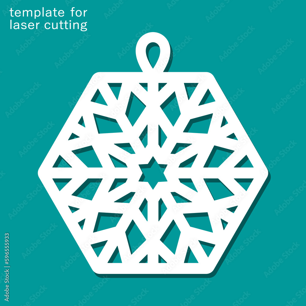Hexagonal snowflake pendant. Hanging decoration with a geometric pattern of lines, stars. Template for plotter laser cutting of paper, fretwork, wood carving, metal engraving, cnc. Vector illustration Hexagonal snowflake pendant. Hanging decoration with a geometric pattern of lines, stars. Template for plotter laser cutting of paper, fretwork, wood carving, metal engraving, cnc. Vector illustration
