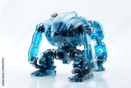 a transparent blue plastic robot toy isolated on white background, made with generative ai