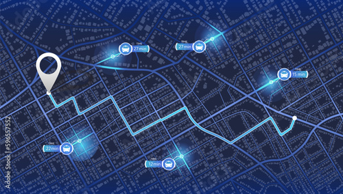 Pick up taxi. Gps map navigation to own house. Detailed view of city. Passenger location sharing for driver. City top view. Online navigation. Flat style, Vector, illustration isolated.
