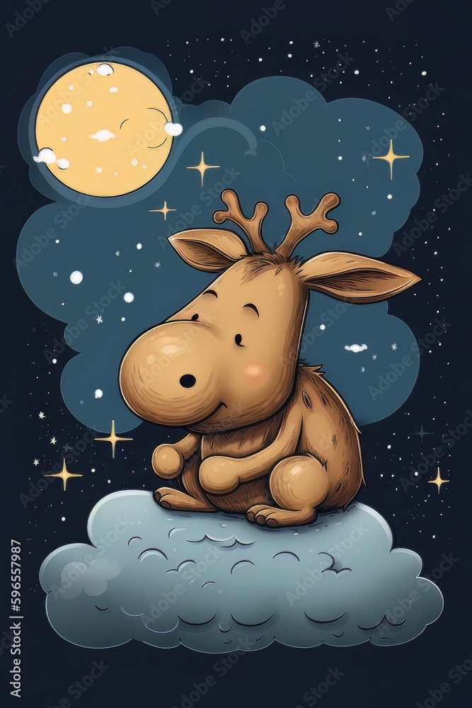 Fototapeta premium Moose sleeping on a cloud on a starry night