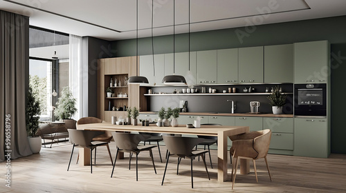 The 3D image of a modern, luxury kitchen features a sleek and sophisticated design that showcases both beauty and functionality. The sage green wall partition and white baseboard provide a subtle yet 