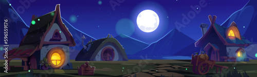 Night village scene with cute fantasy dwarf house cartoon illustration. Mountain ridge view in leprechaun village near river shore. Path to elves cottage with chimney under moonlight, flying firefly
