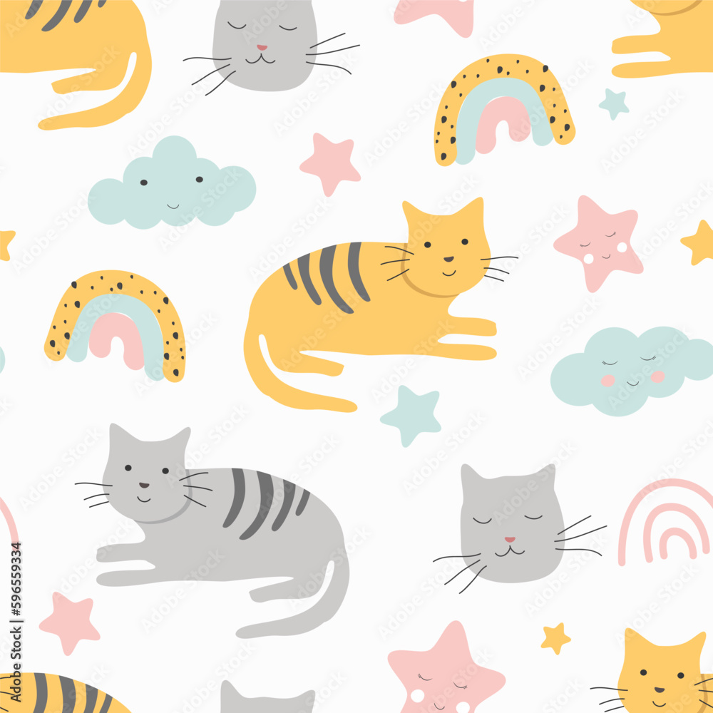 Naklejka premium cute vector seamless pattern with hand drawn cats in various poses, rainbows, clouds, stars. childish ornament.