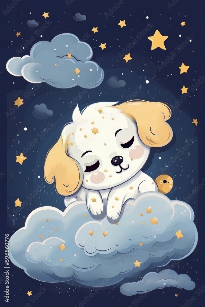 Puppy sleeping on a cloud on a starry night Puppy sleeping on a cloud on a starry night