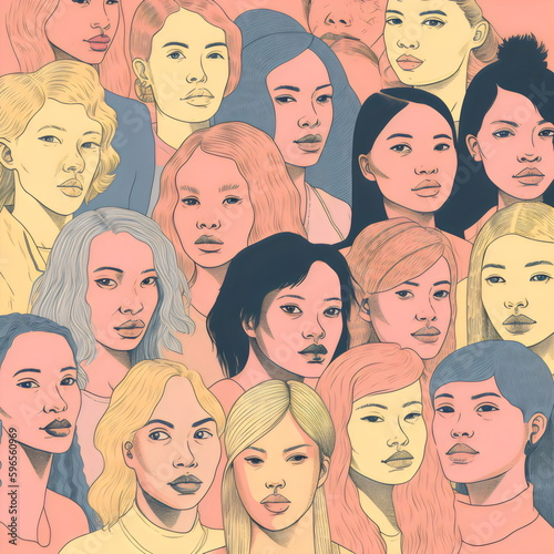pattern illustration of group of diverse women in orange, yellow, pink, gray and black, made with generative ai 