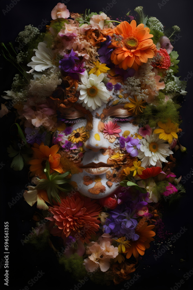woman's face covered in flowers, gaia gerbera daisies, isolated on black background, made with generative ai