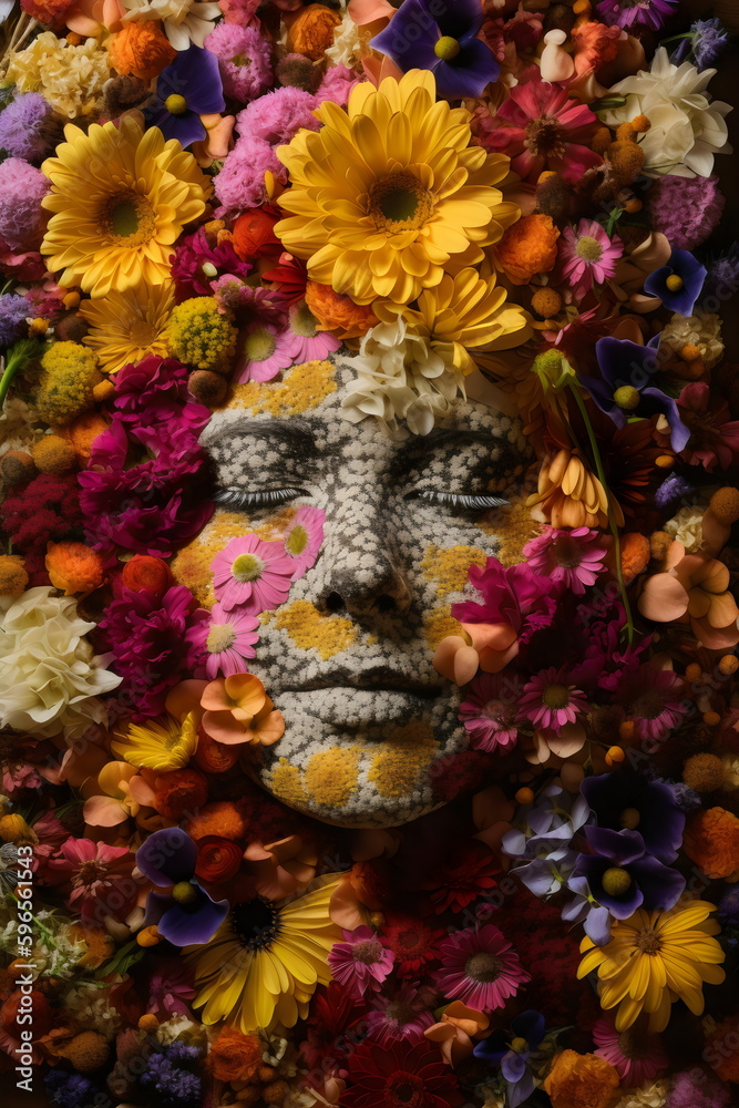 woman's face made from flowers, gaia 60s gerbera daisies, made with generative ai