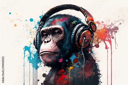 Monkey headphones with splah paint art made with Ai generative technology photo