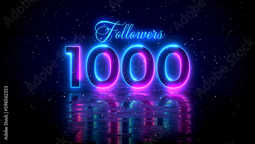 Futuristic Blue Purple Glowing Neon Light 1000 Followers Lettering With Floor Reflection Amid The Falling Snow On Dark Background