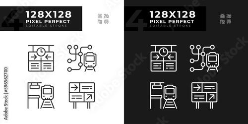 Railway station pixel perfect linear icons set for dark, light mode. Train platform. Rail travel. Transport system. Thin line symbols for night, day theme. Isolated illustrations. Editable stroke