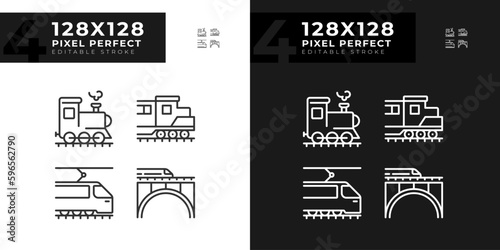 Locomotive pixel perfect linear icons set for dark, light mode. Train engine. Rail technology. Railway transport. Thin line symbols for night, day theme. Isolated illustrations. Editable stroke